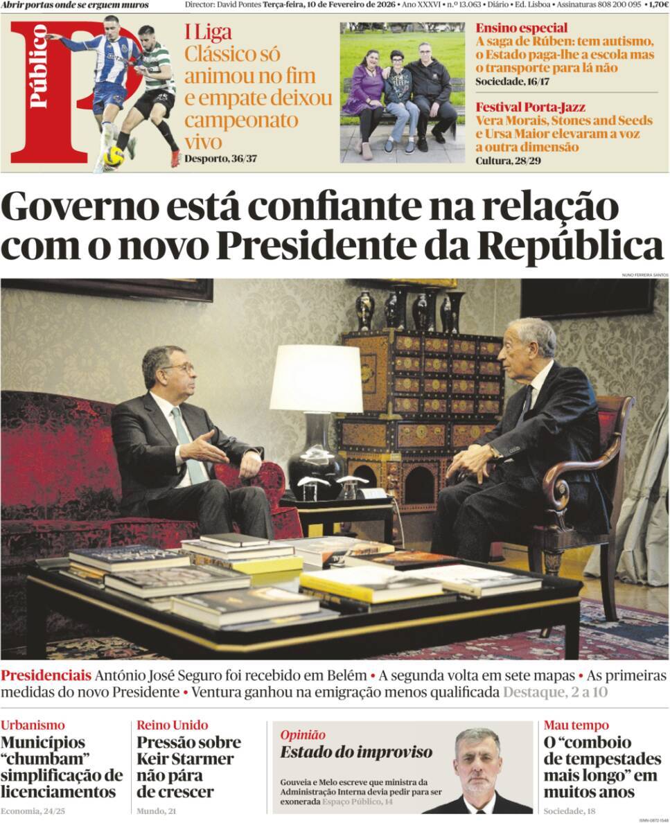 P&uacute;blico: Capa da Edi&ccedil;&atilde;o de ter&ccedil;a-feira, 10 de fevereiro 2026