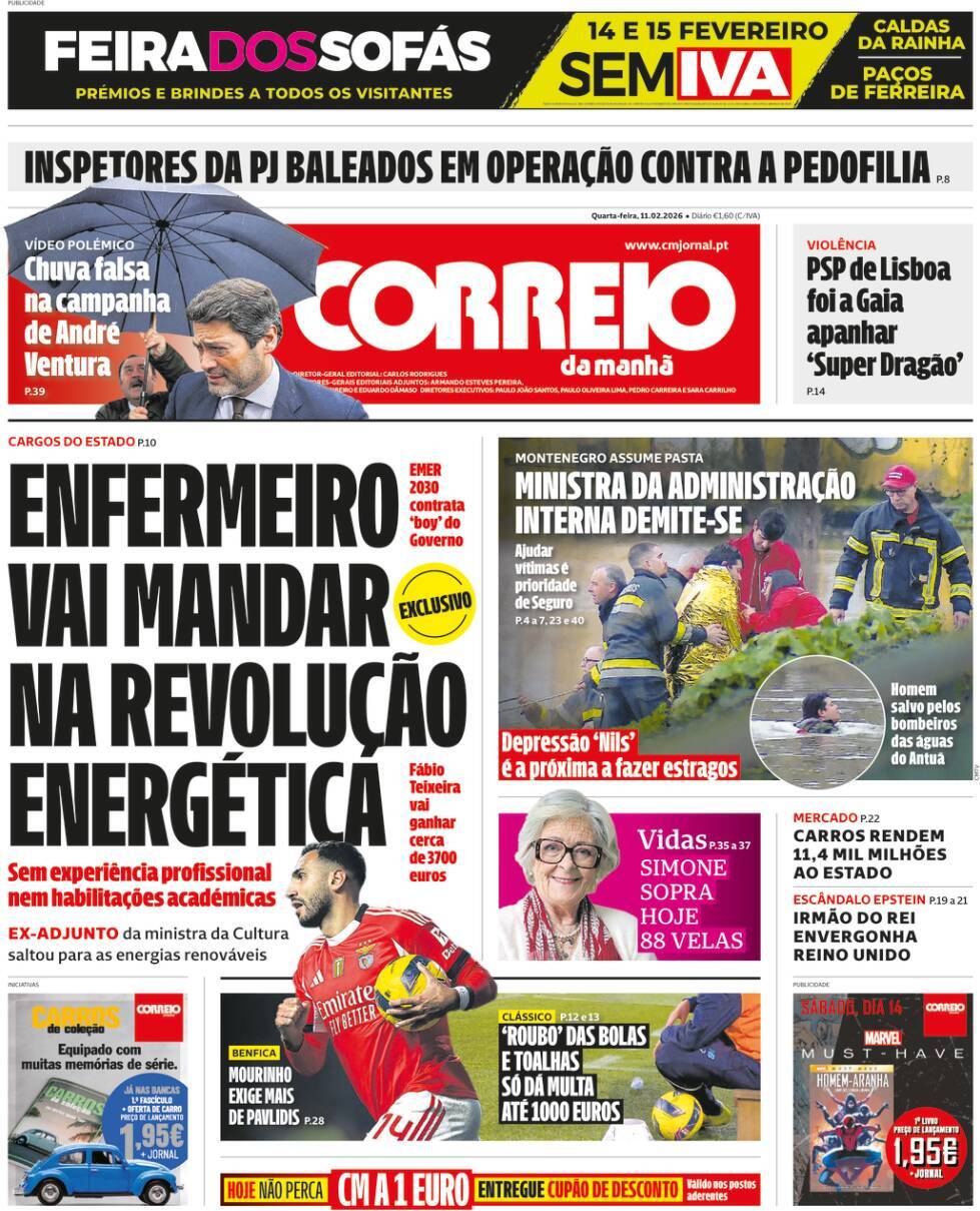 Correio da Manh&atilde;: Capa da Edi&ccedil;&atilde;o de quarta-feira, 11 de fevereiro 2026