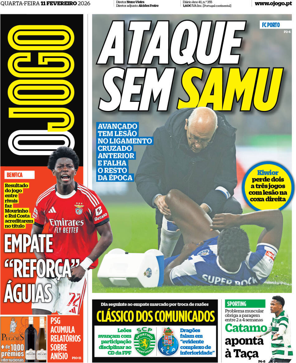 O Jogo: Capa da Edi&ccedil;&atilde;o de quarta-feira, 11 de fevereiro 2026