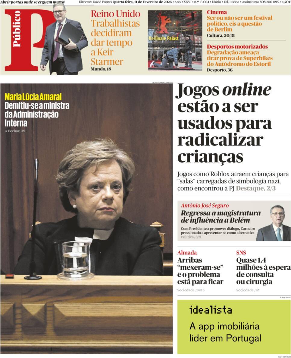 P&uacute;blico: Capa da Edi&ccedil;&atilde;o de quarta-feira, 11 de fevereiro 2026