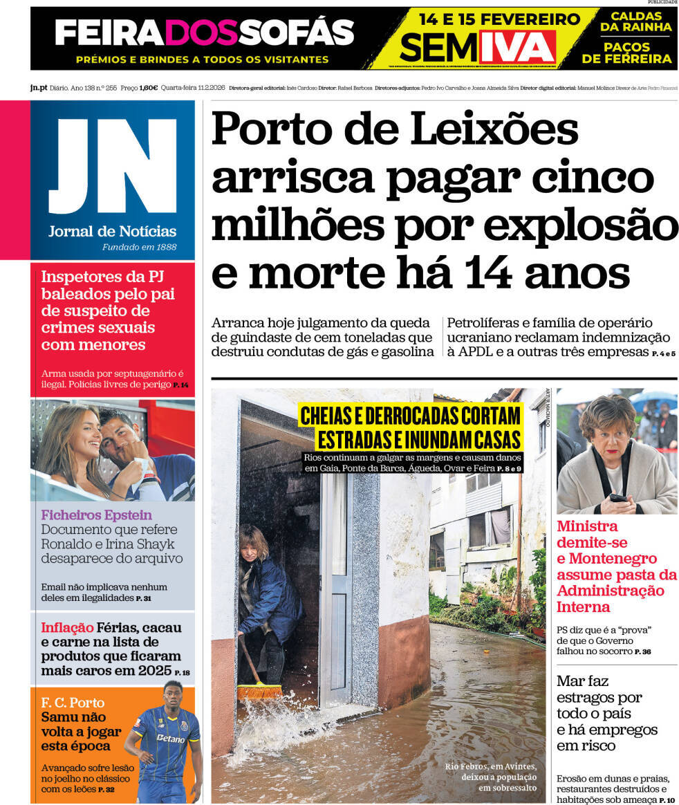Jornal de Not&iacute;cias: Capa da Edi&ccedil;&atilde;o de quarta-feira, 11 de fevereiro 2026