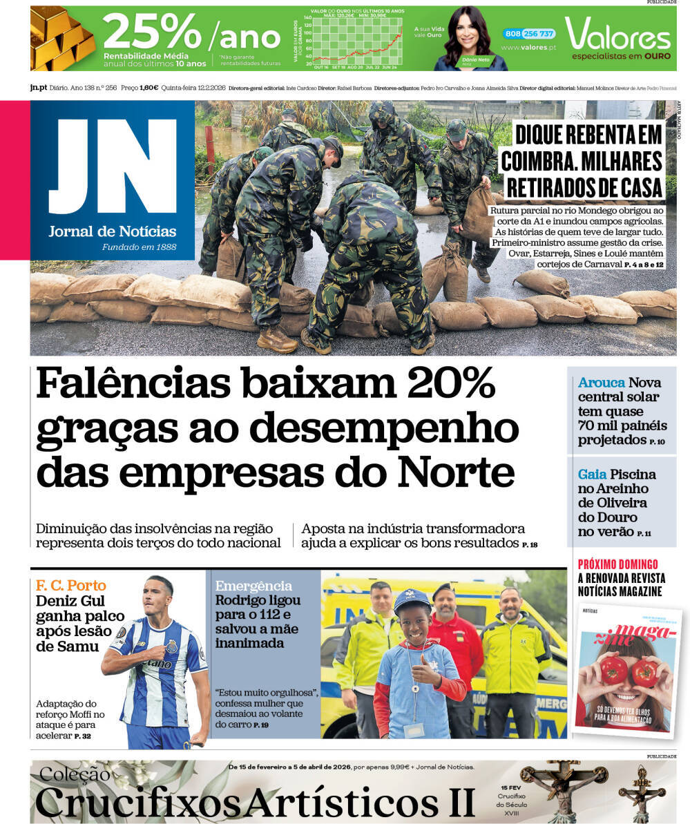 Jornal de Not&iacute;cias: Capa da Edi&ccedil;&atilde;o de quinta-feira, 12 de fevereiro 2026