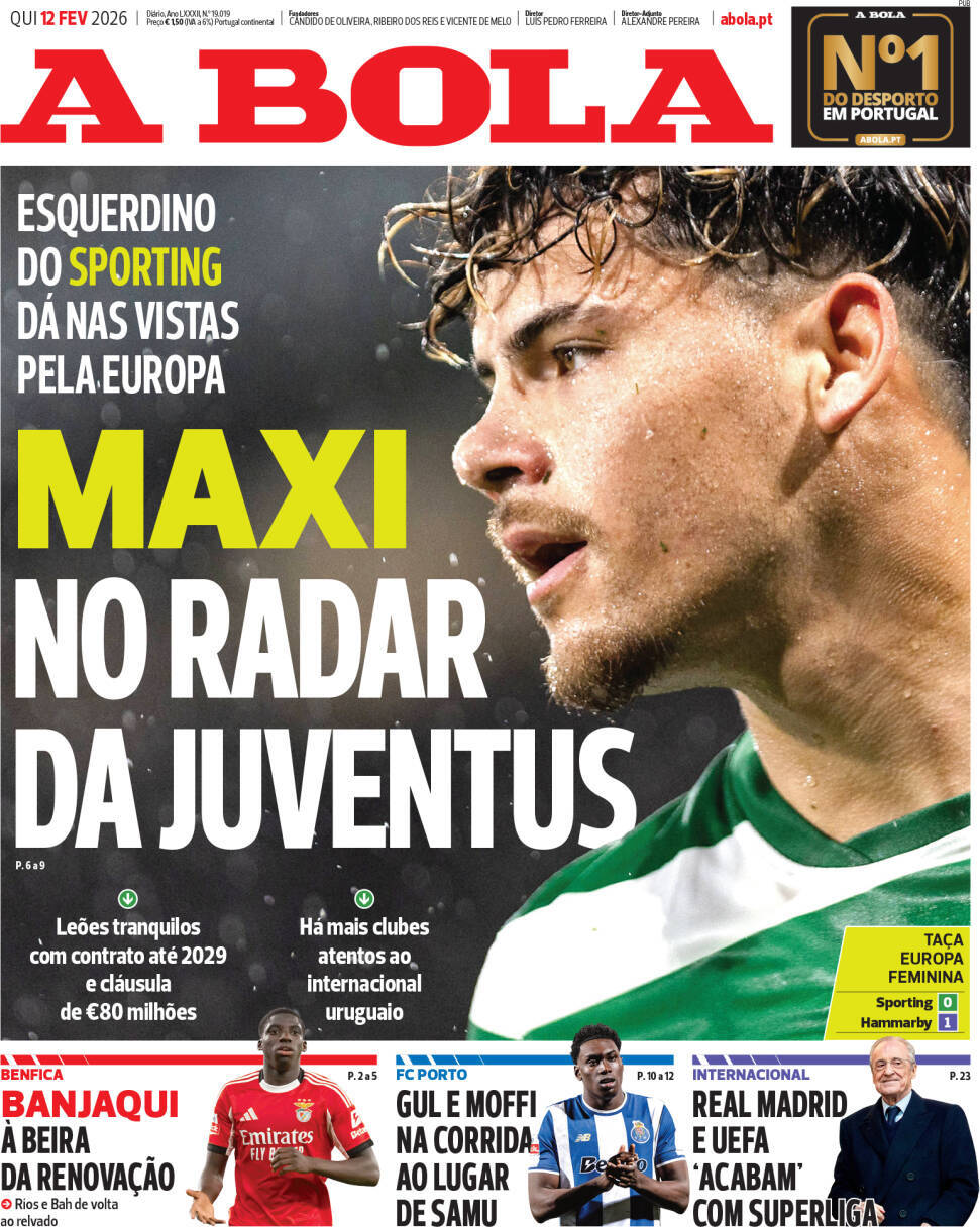 A Bola: Capa da Edi&ccedil;&atilde;o de quinta-feira, 12 de fevereiro 2026