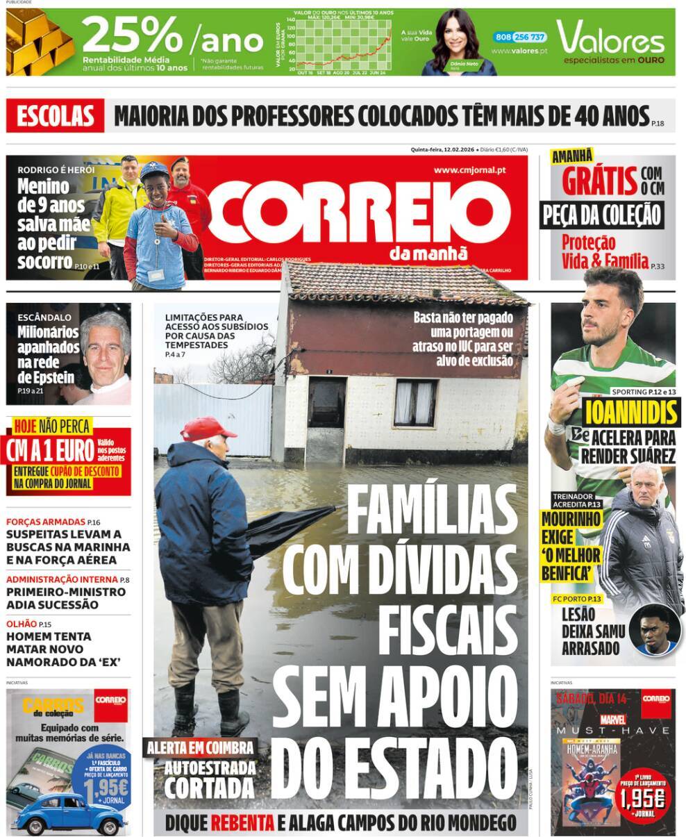 Correio da Manh&atilde;: Capa da Edi&ccedil;&atilde;o de quinta-feira, 12 de fevereiro 2026