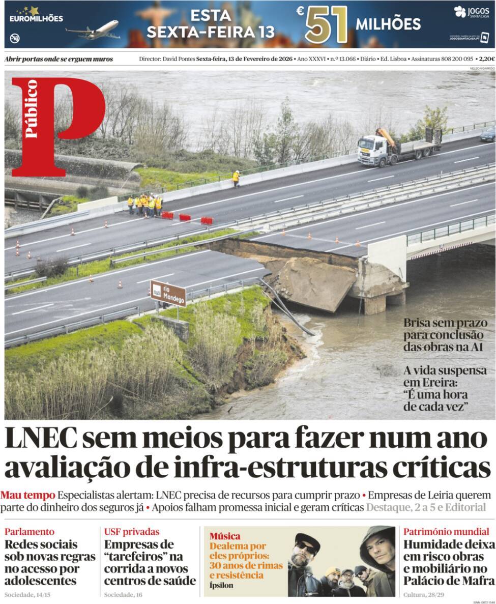 P&uacute;blico: Capa da Edi&ccedil;&atilde;o de sexta-feira, 13 de fevereiro 2026