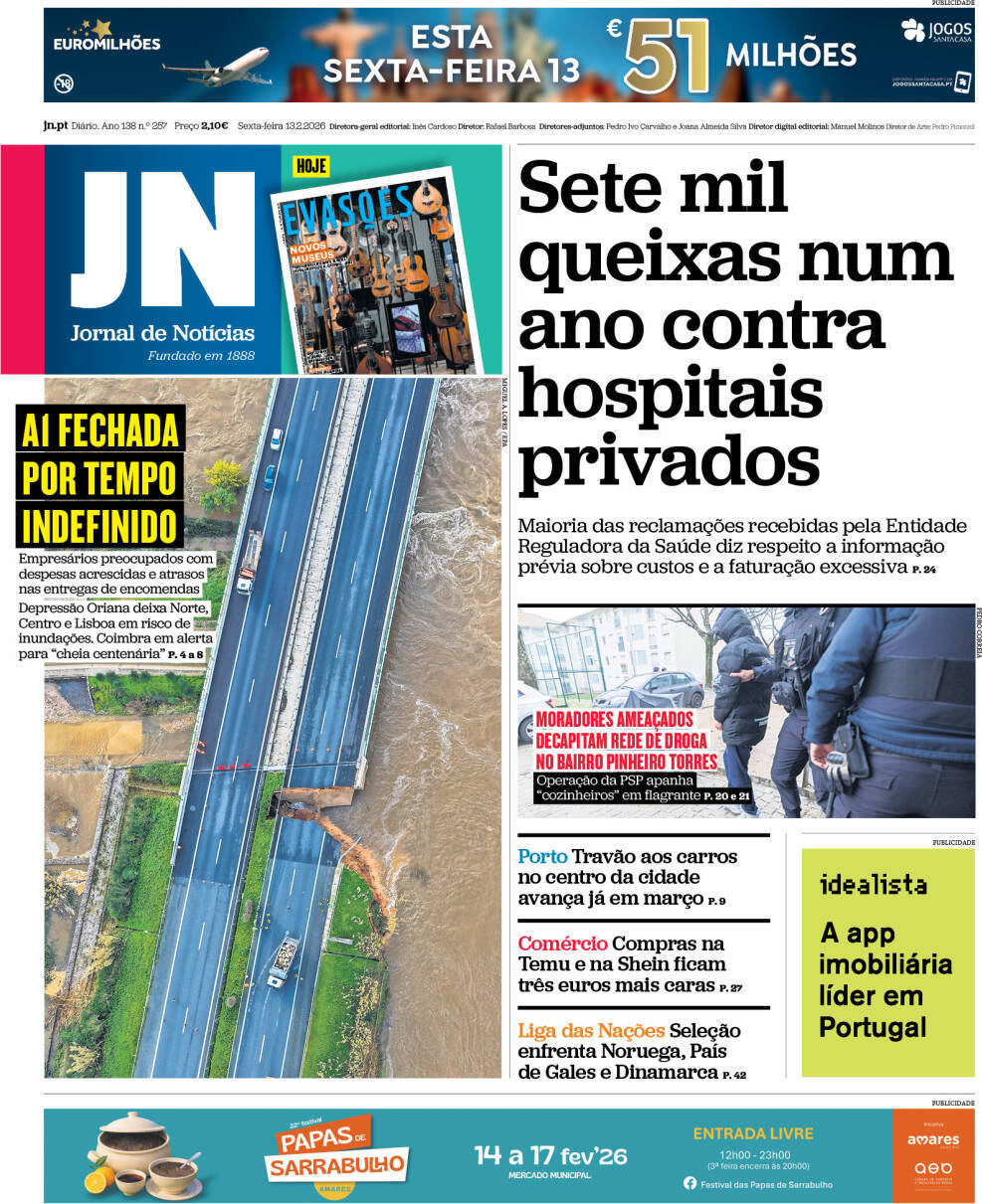 Jornal de Not&iacute;cias: Capa da Edi&ccedil;&atilde;o de sexta-feira, 13 de fevereiro 2026