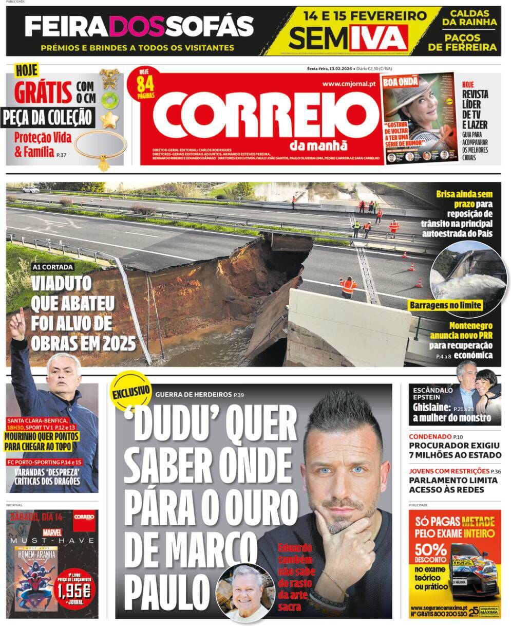 Correio da Manh&atilde;: Capa da Edi&ccedil;&atilde;o de sexta-feira, 13 de fevereiro 2026