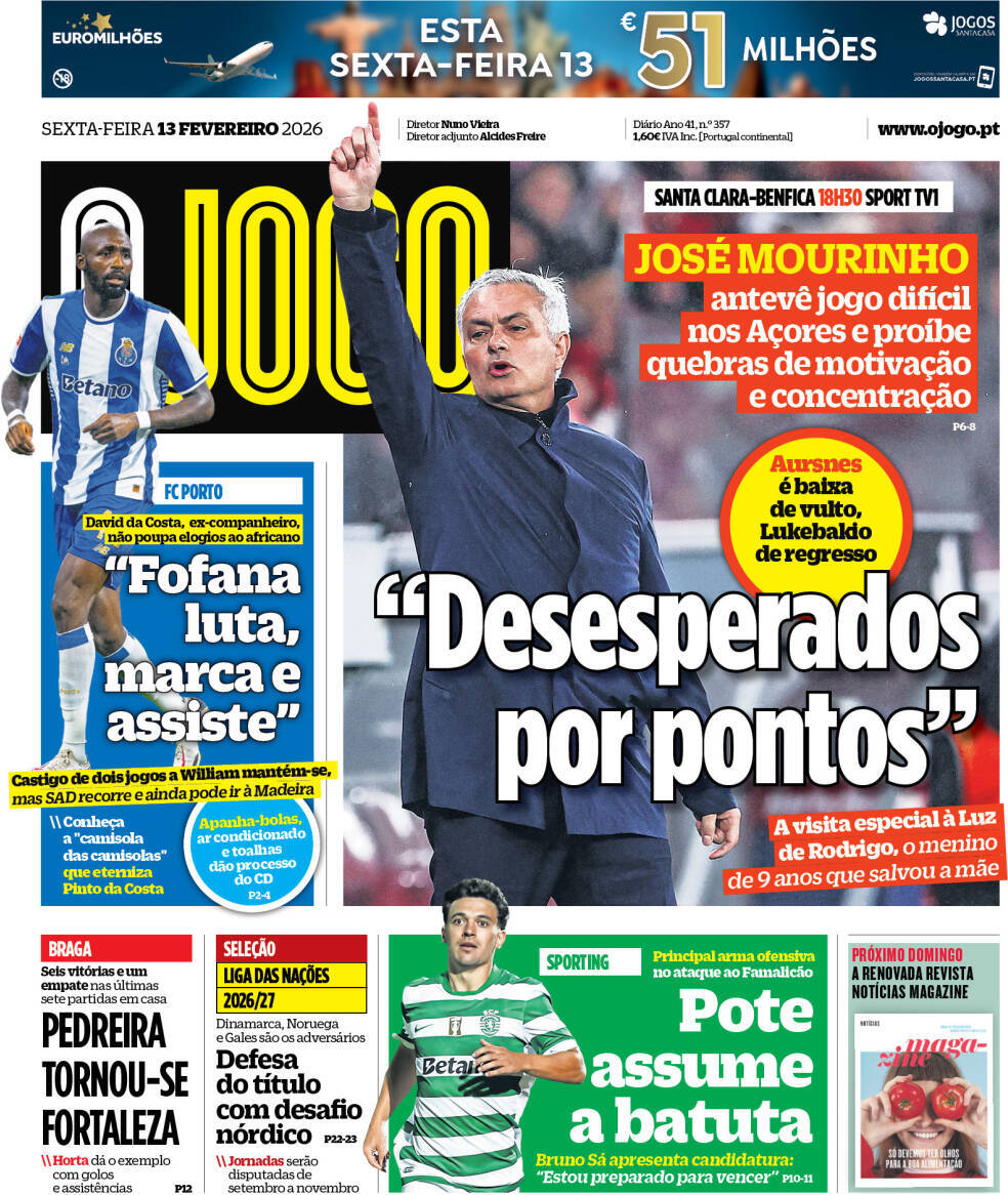 O Jogo: Capa da Edi&ccedil;&atilde;o de sexta-feira, 13 de fevereiro 2026