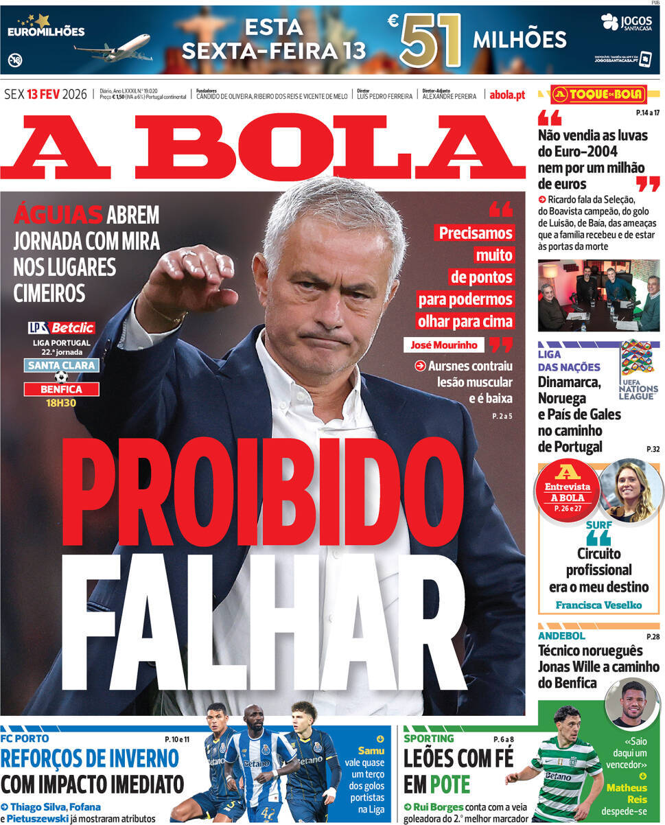 A Bola: Capa da Edi&ccedil;&atilde;o de sexta-feira, 13 de fevereiro 2026