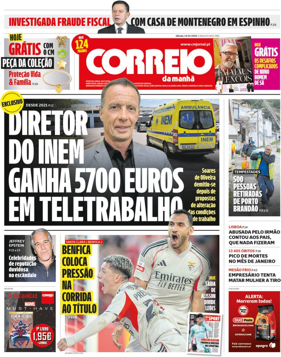 Correio da Manh&atilde;: Capa da Edi&ccedil;&atilde;o de s&aacute;bado, 14 de fevereiro 2026
