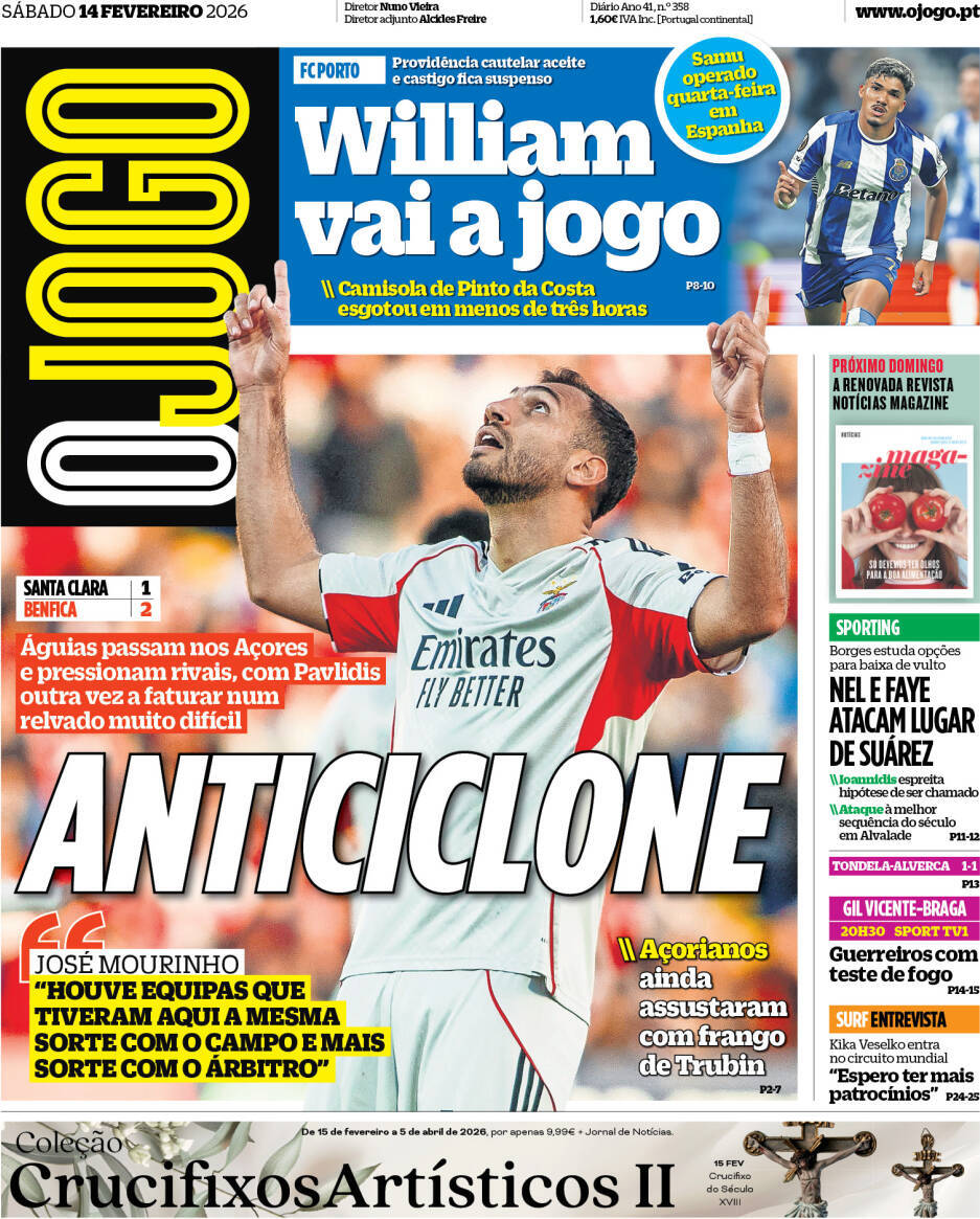 O Jogo: Capa da Edi&ccedil;&atilde;o de s&aacute;bado, 14 de fevereiro 2026