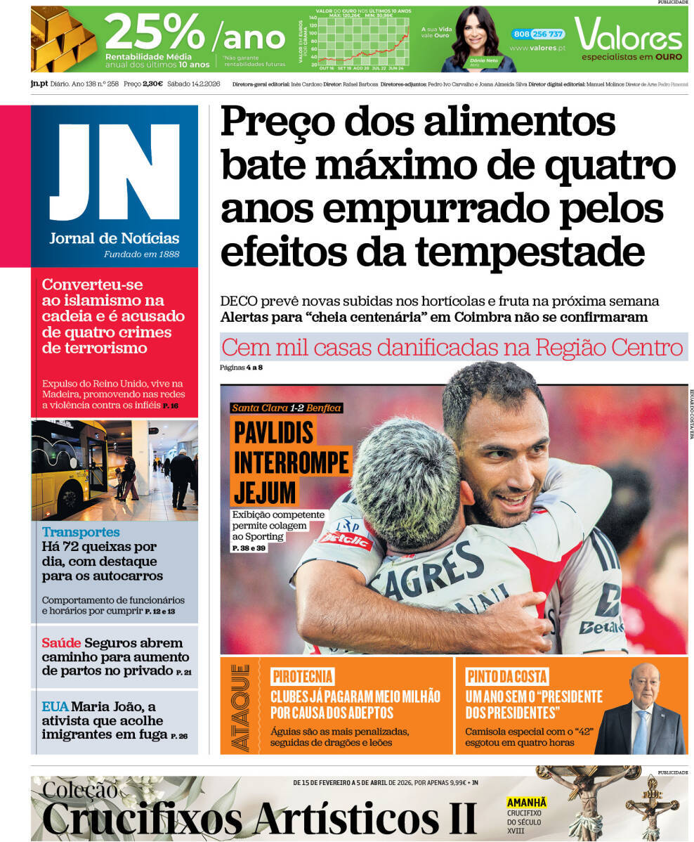 Jornal de Not&iacute;cias: Capa da Edi&ccedil;&atilde;o de s&aacute;bado, 14 de fevereiro 2026