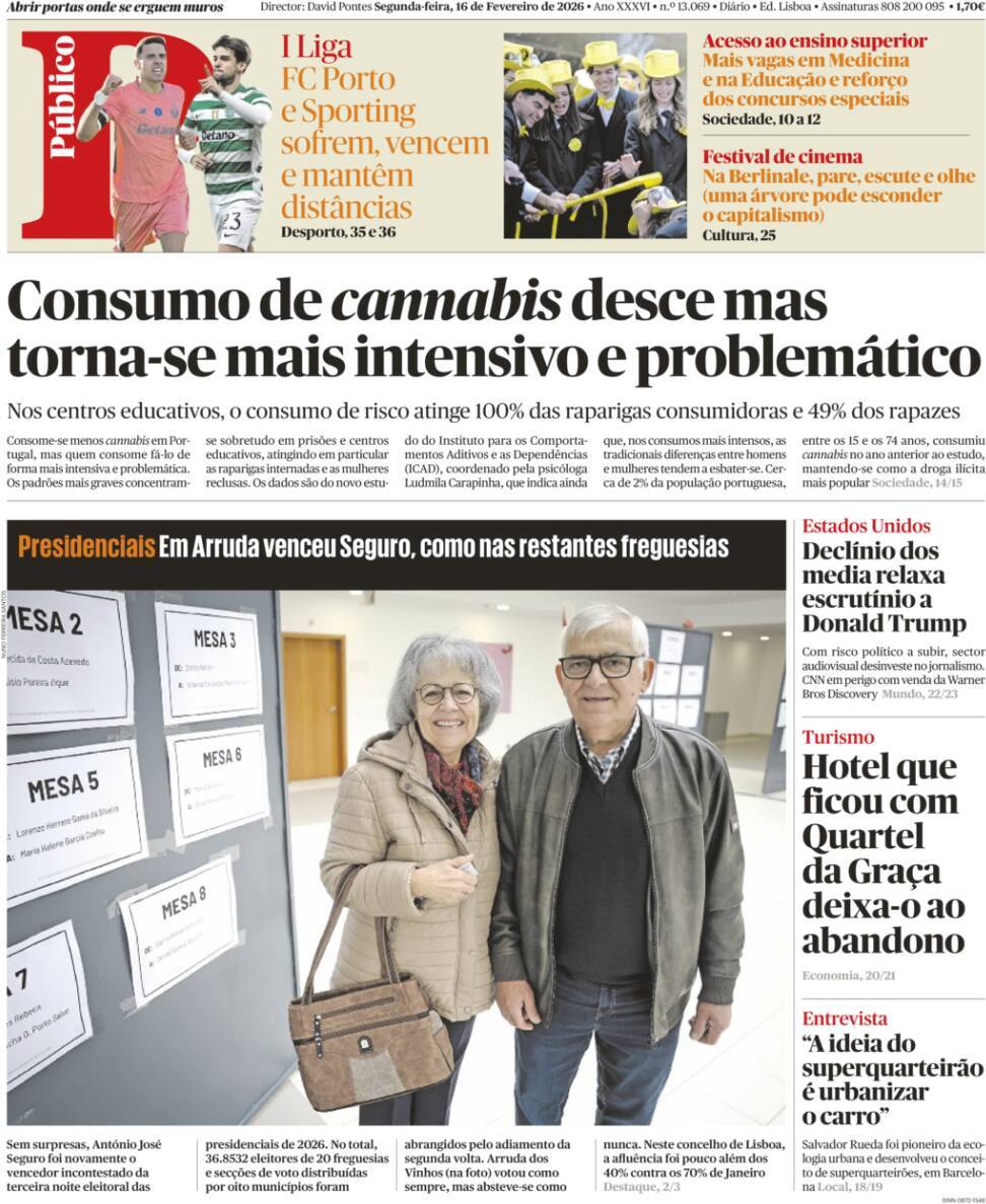 P&uacute;blico: Capa da Edi&ccedil;&atilde;o de segunda-feira, 16 de fevereiro 2026