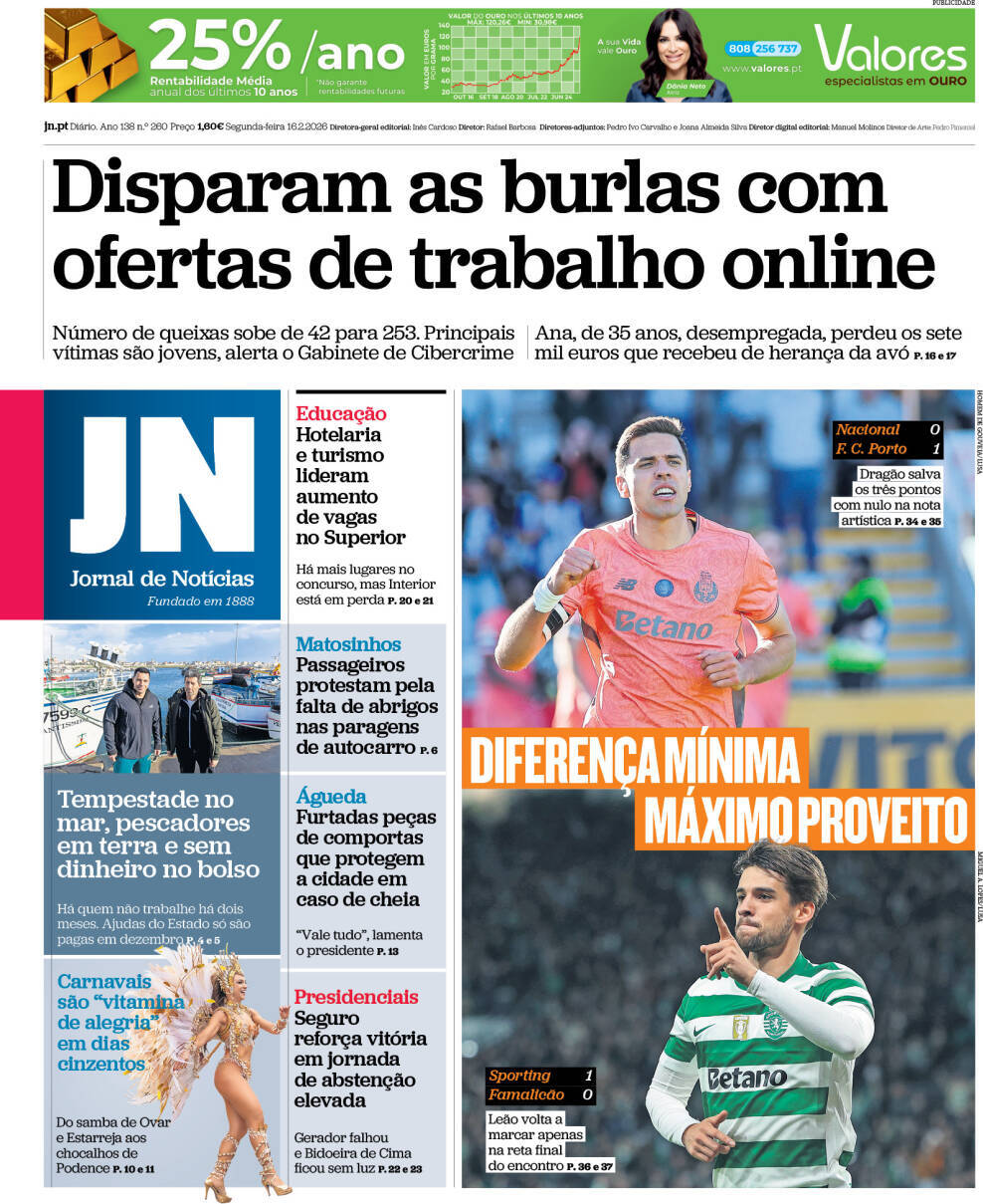 Jornal de Not&iacute;cias: Capa da Edi&ccedil;&atilde;o de segunda-feira, 16 de fevereiro 2026