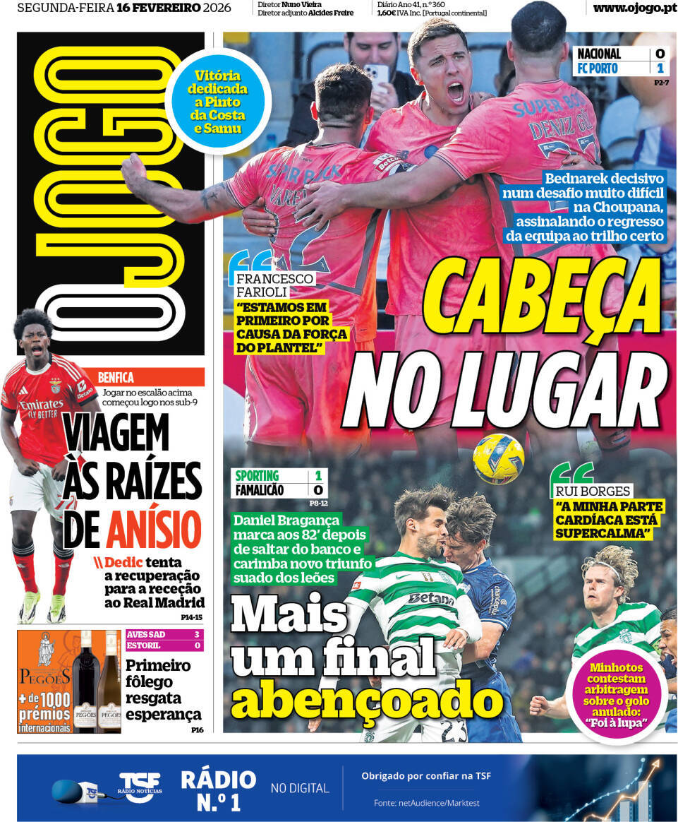 O Jogo: Capa da Edi&ccedil;&atilde;o de segunda-feira, 16 de fevereiro 2026