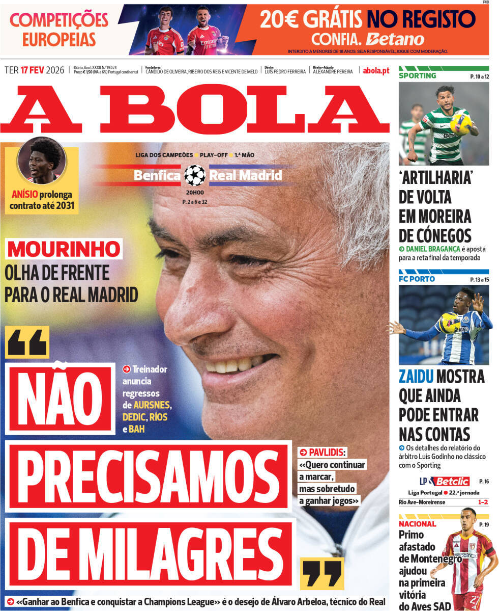 A Bola: Capa da Edi&ccedil;&atilde;o de ter&ccedil;a-feira, 17 de fevereiro 2026
