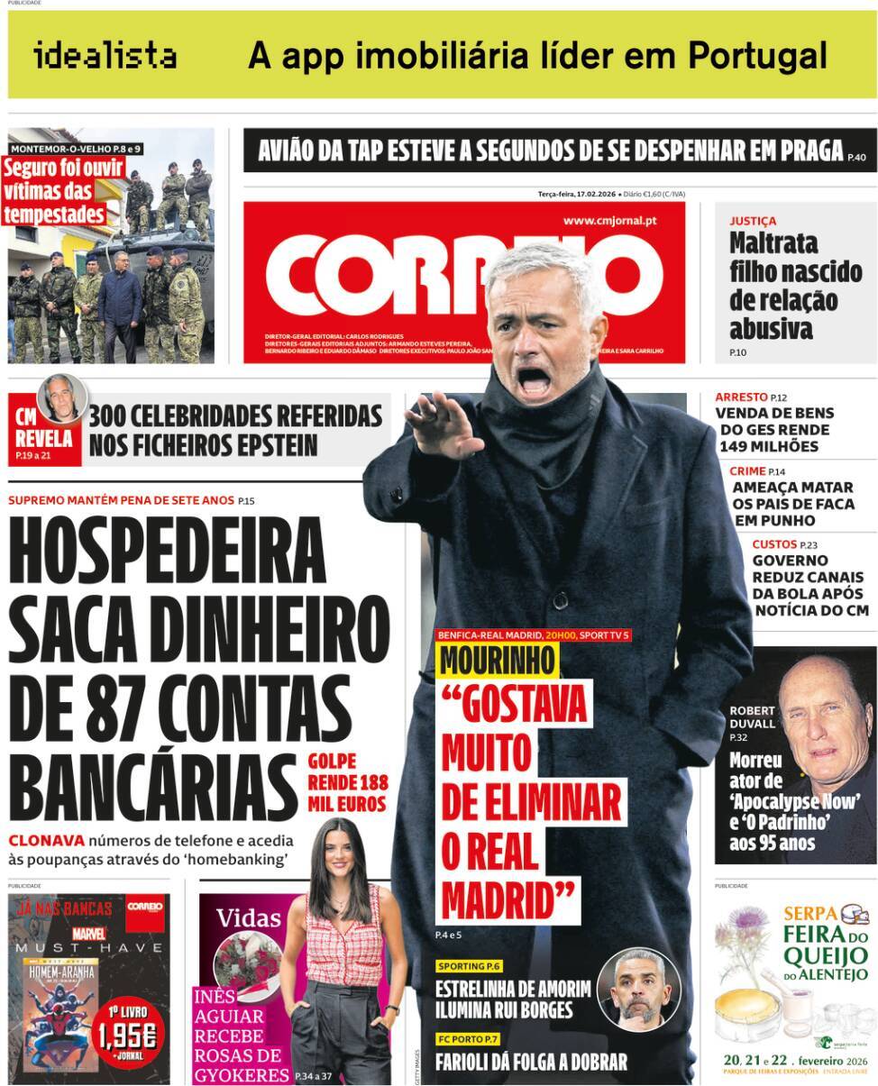 Correio da Manh&atilde;: Capa da Edi&ccedil;&atilde;o de ter&ccedil;a-feira, 17 de fevereiro 2026