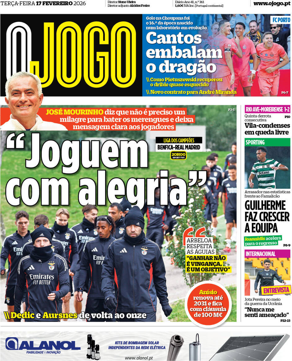 O Jogo: Capa da Edi&ccedil;&atilde;o de ter&ccedil;a-feira, 17 de fevereiro 2026
