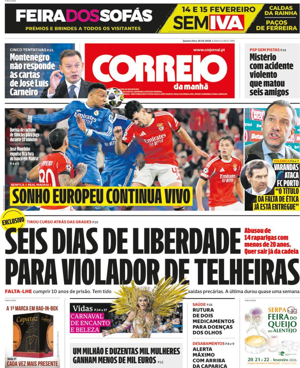 Correio da Manh&atilde;: Capa da Edi&ccedil;&atilde;o de quarta-feira, 18 de fevereiro 2026