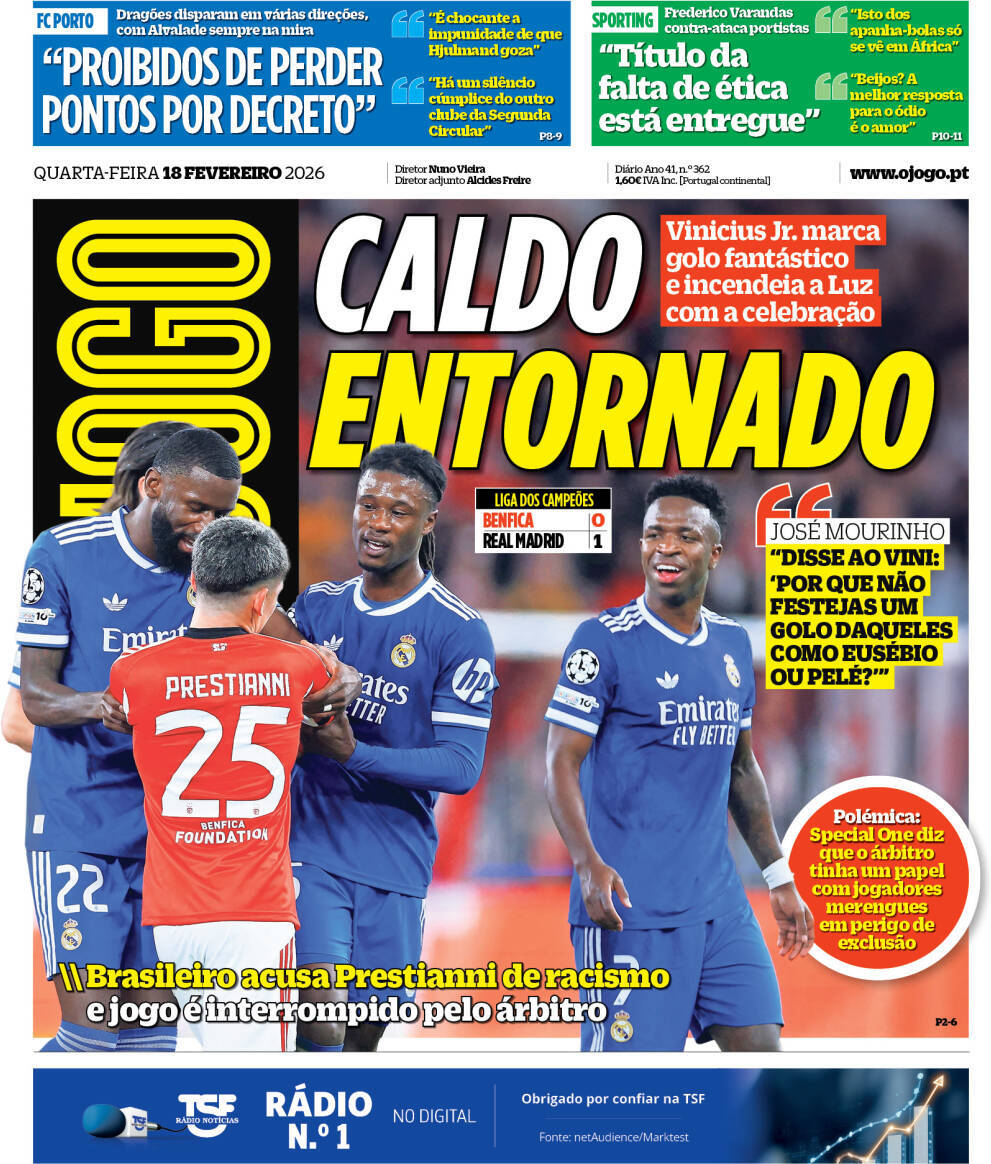 O Jogo: Capa da Edi&ccedil;&atilde;o de quarta-feira, 18 de fevereiro 2026