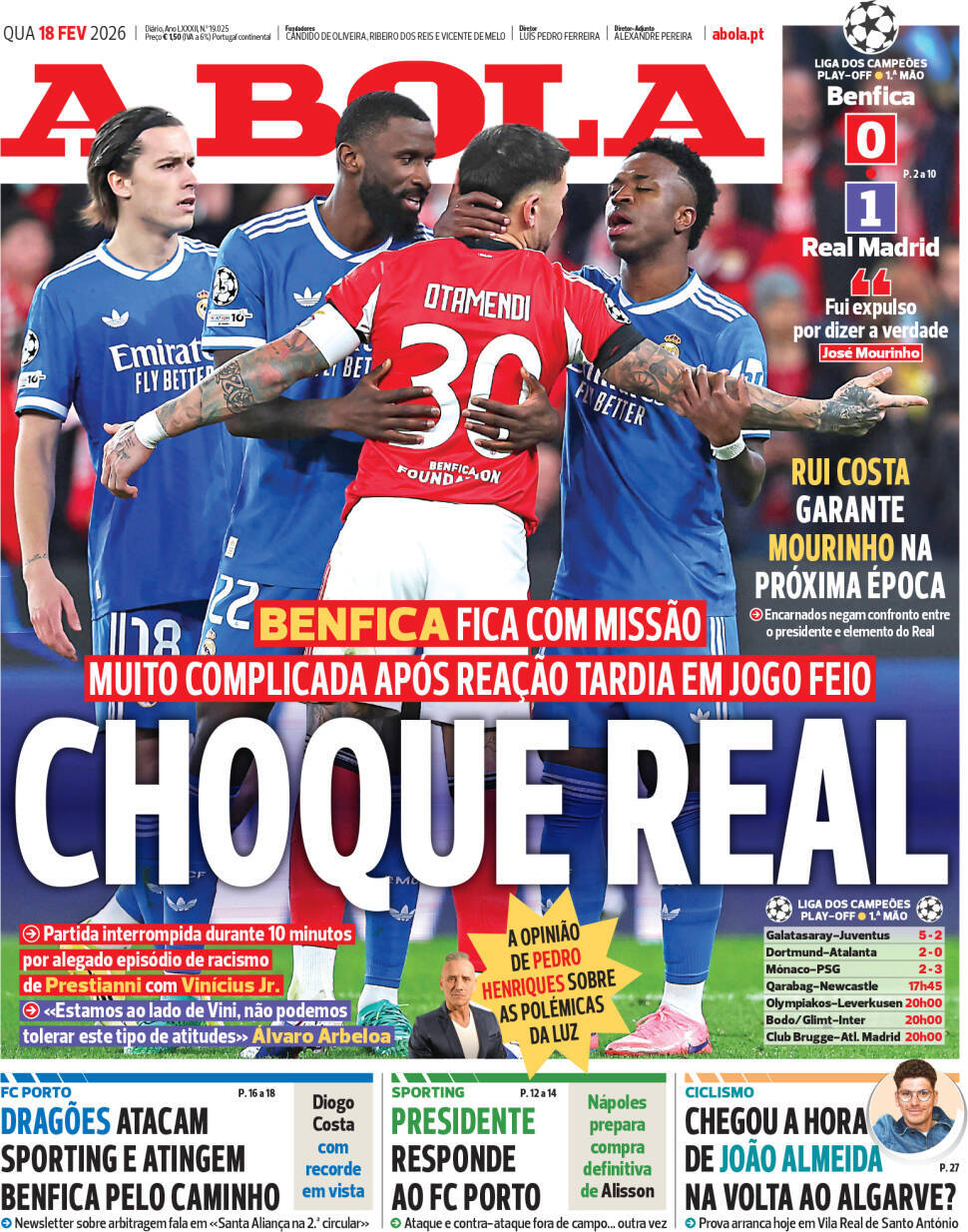 A Bola: Capa da Edi&ccedil;&atilde;o de quarta-feira, 18 de fevereiro 2026
