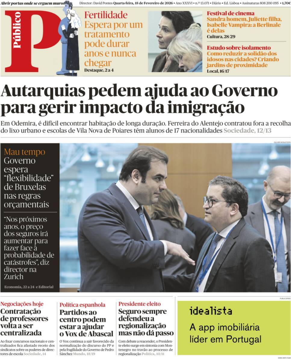 P&uacute;blico: Capa da Edi&ccedil;&atilde;o de quarta-feira, 18 de fevereiro 2026