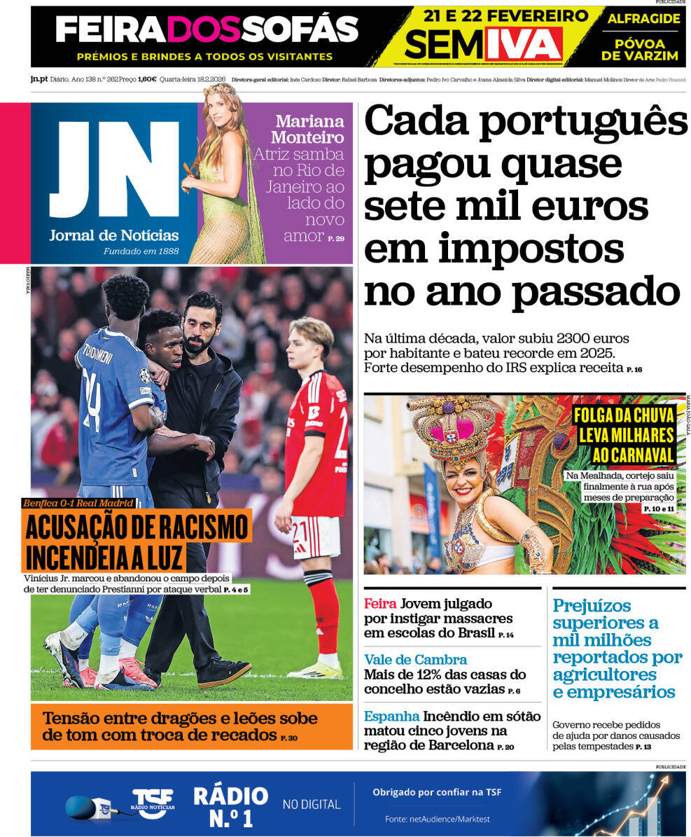 Jornal de Not&iacute;cias: Capa da Edi&ccedil;&atilde;o de quarta-feira, 18 de fevereiro 2026