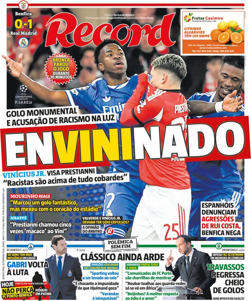 Record: Capa da Edi&ccedil;&atilde;o de quarta-feira, 18 de fevereiro 2026