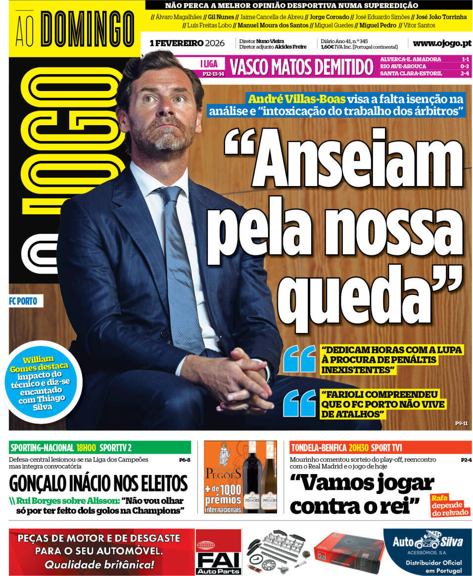 O Jogo: Capa da Edi&ccedil;&atilde;o de domingo, 01 de fevereiro 2026