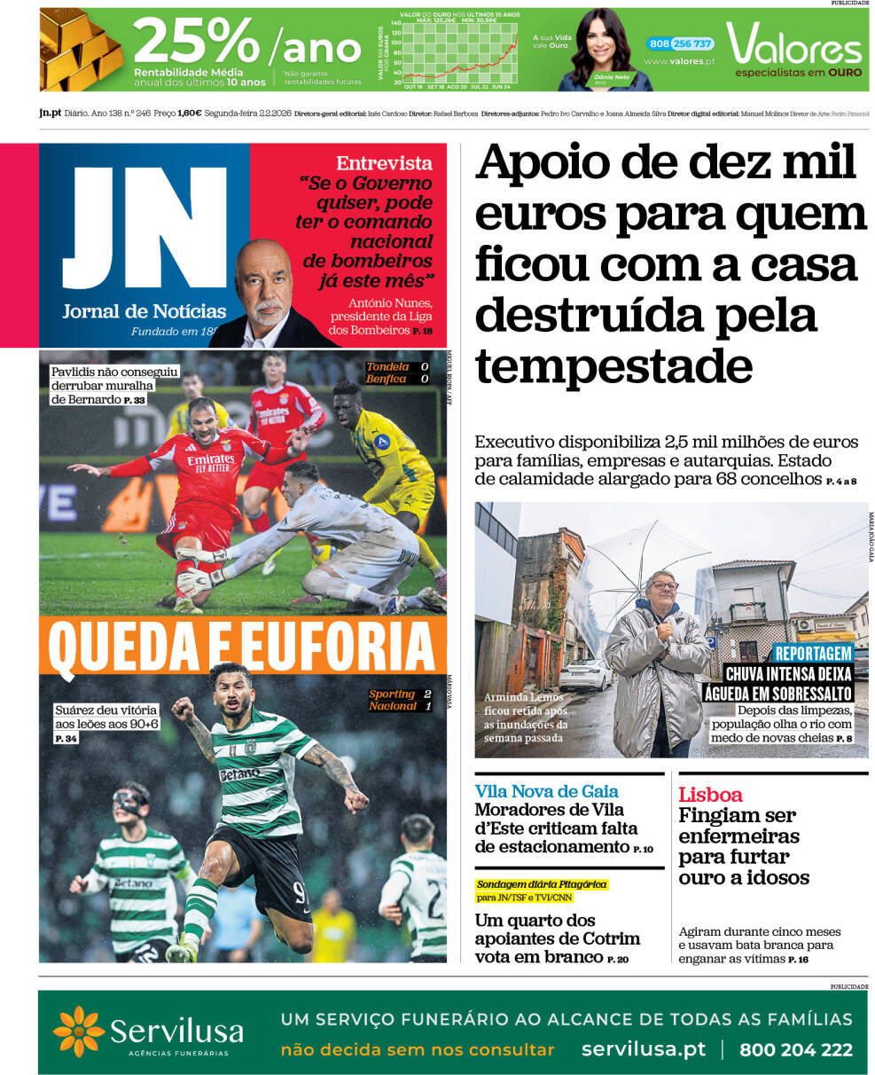 Jornal de Not&iacute;cias: Capa da Edi&ccedil;&atilde;o de segunda-feira, 02 de fevereiro 2026