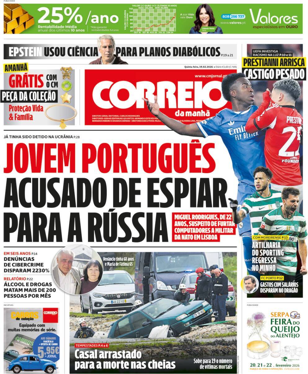 Correio da Manh&atilde;: Capa da Edi&ccedil;&atilde;o de quinta-feira, 19 de fevereiro 2026