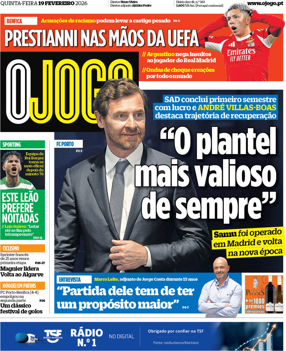 O Jogo: Capa da Edi&ccedil;&atilde;o de quinta-feira, 19 de fevereiro 2026