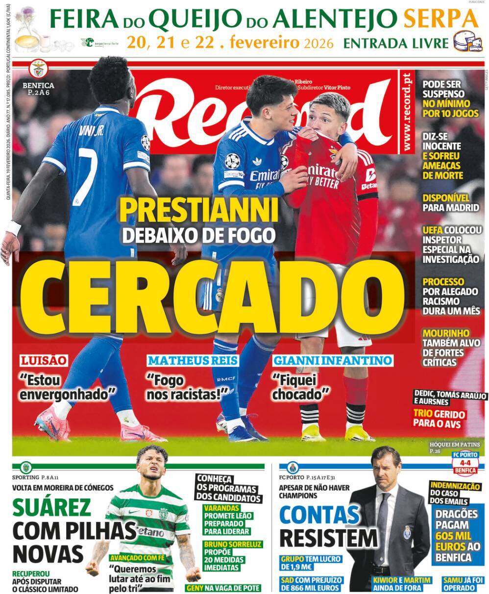 Record: Capa da Edi&ccedil;&atilde;o de quinta-feira, 19 de fevereiro 2026
