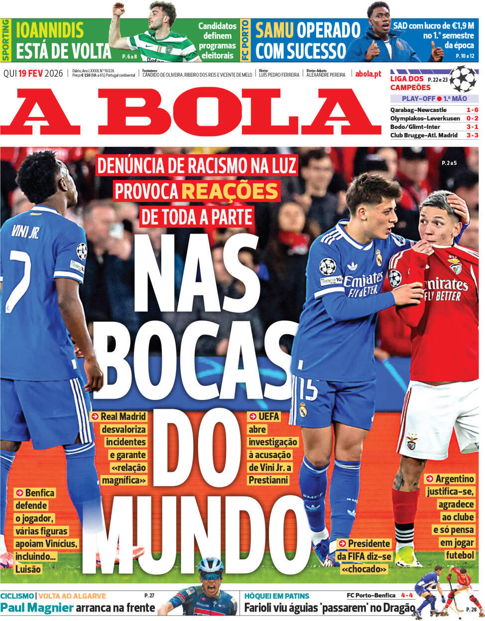 A Bola: Capa da Edi&ccedil;&atilde;o de quinta-feira, 19 de fevereiro 2026