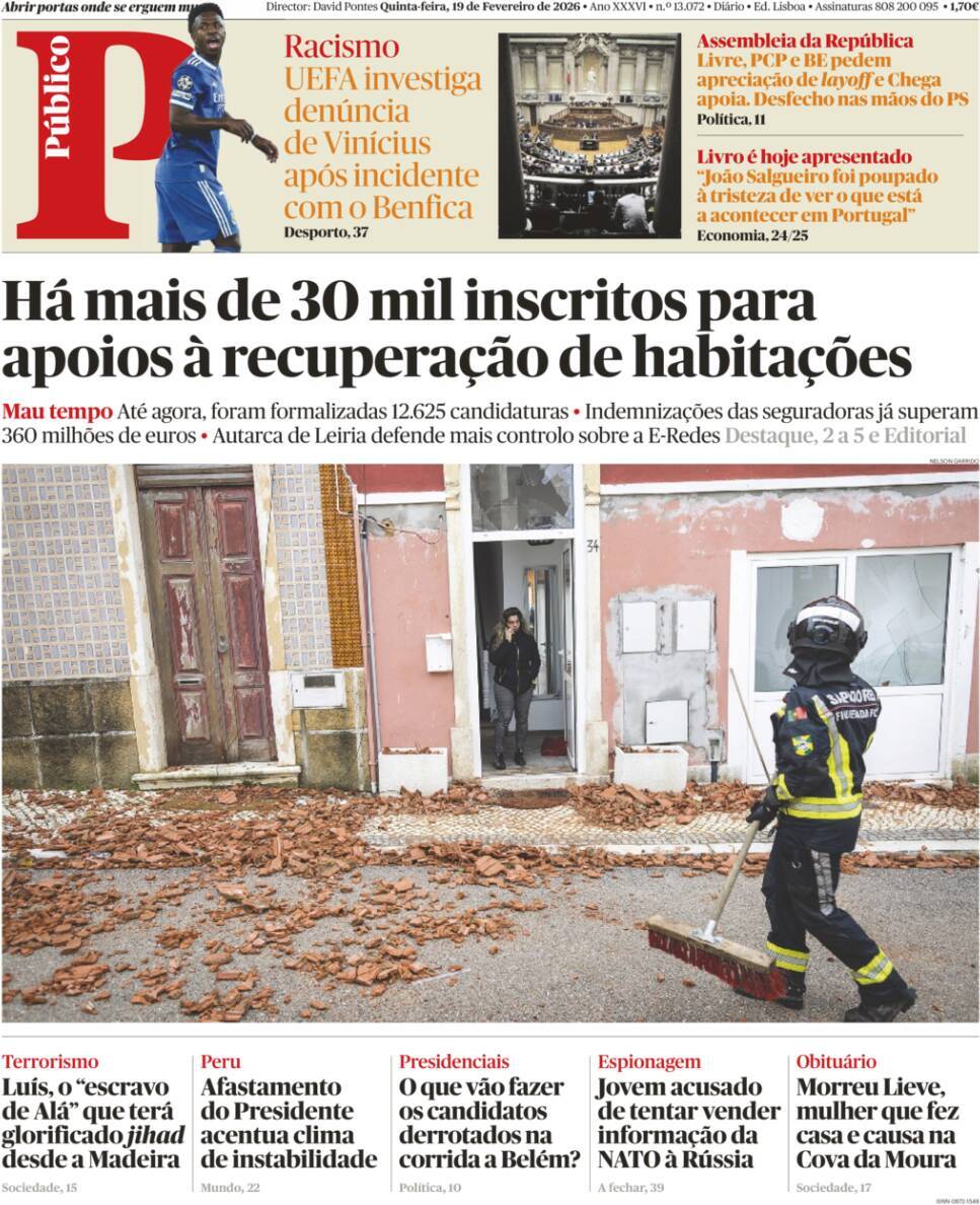 P&uacute;blico: Capa da Edi&ccedil;&atilde;o de quinta-feira, 19 de fevereiro 2026