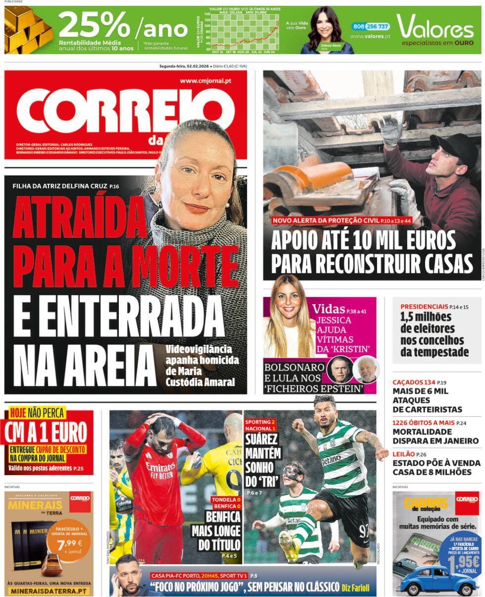 Correio da Manh&atilde;: Capa da Edi&ccedil;&atilde;o de segunda-feira, 02 de fevereiro 2026