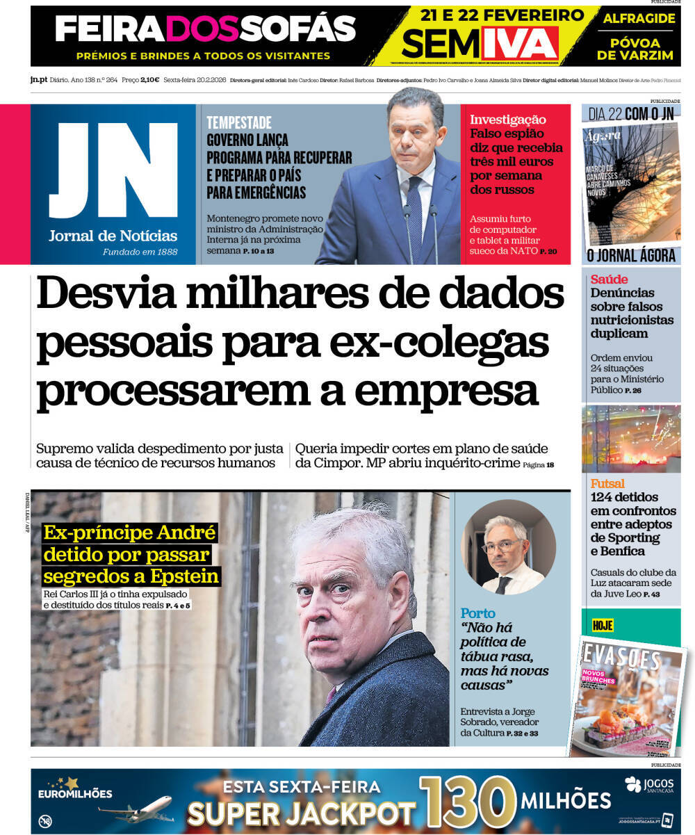 Jornal de Not&iacute;cias: Capa da Edi&ccedil;&atilde;o de sexta-feira, 20 de fevereiro 2026