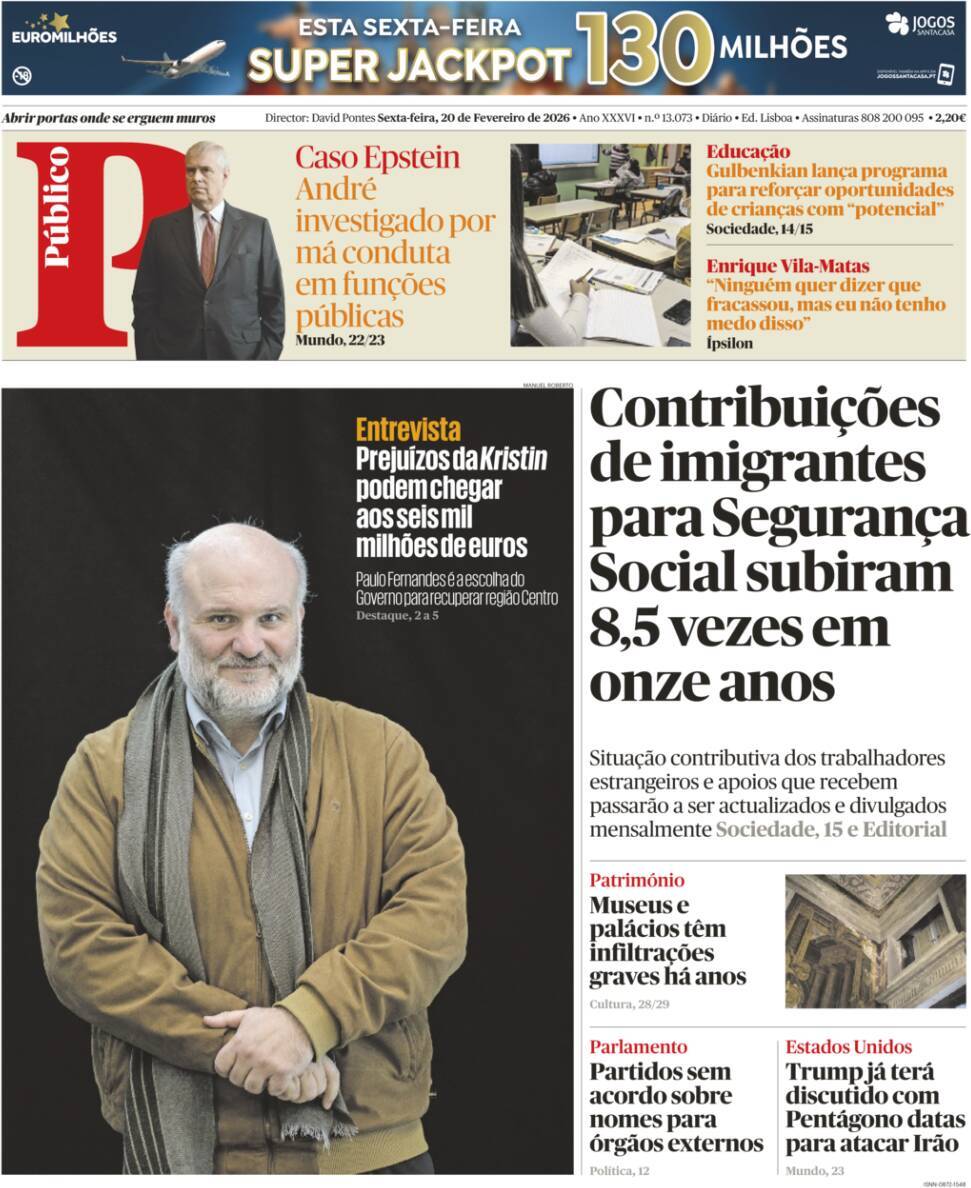 P&uacute;blico: Capa da Edi&ccedil;&atilde;o de sexta-feira, 20 de fevereiro 2026