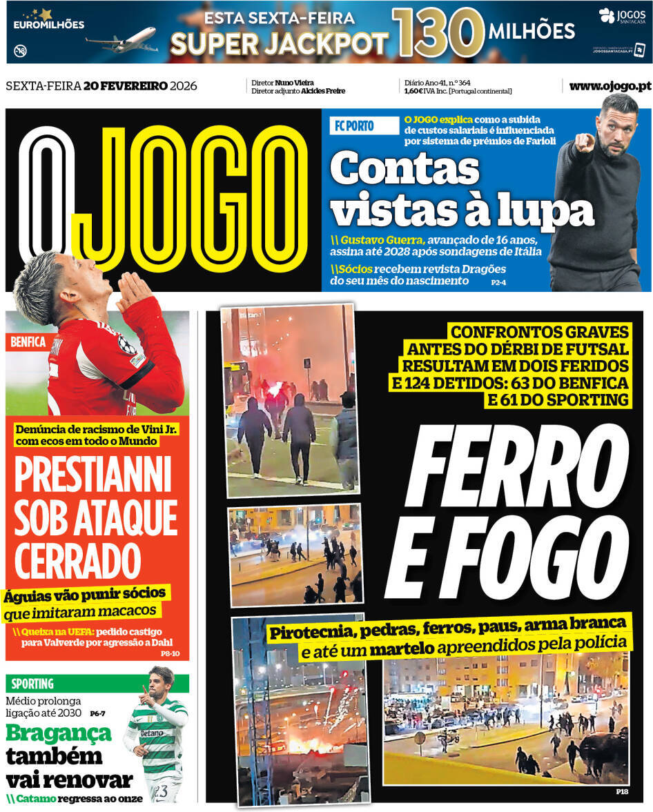 O Jogo: Capa da Edi&ccedil;&atilde;o de sexta-feira, 20 de fevereiro 2026