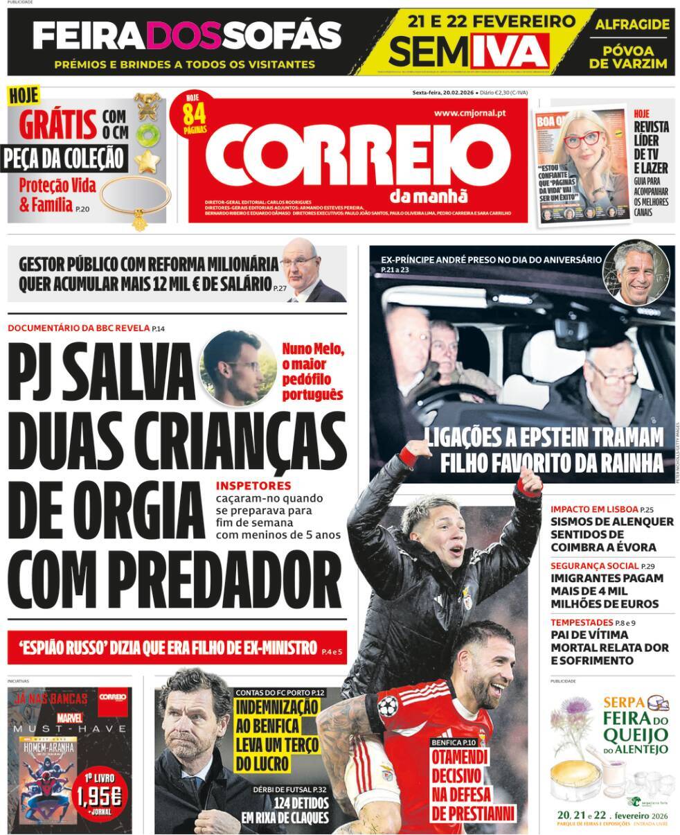 Correio da Manh&atilde;: Capa da Edi&ccedil;&atilde;o de sexta-feira, 20 de fevereiro 2026