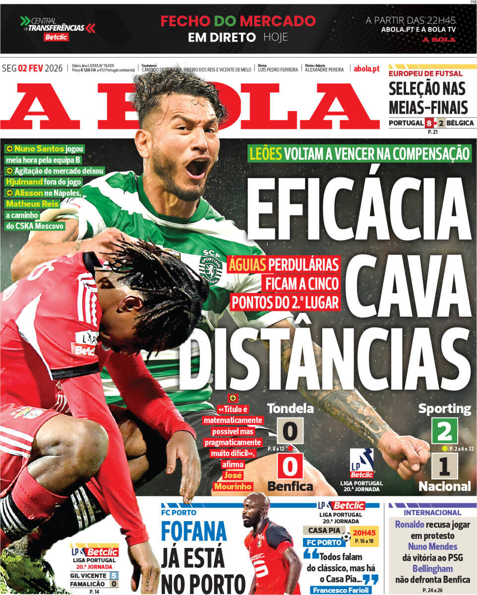 A Bola: Capa da Edi&ccedil;&atilde;o de segunda-feira, 02 de fevereiro 2026