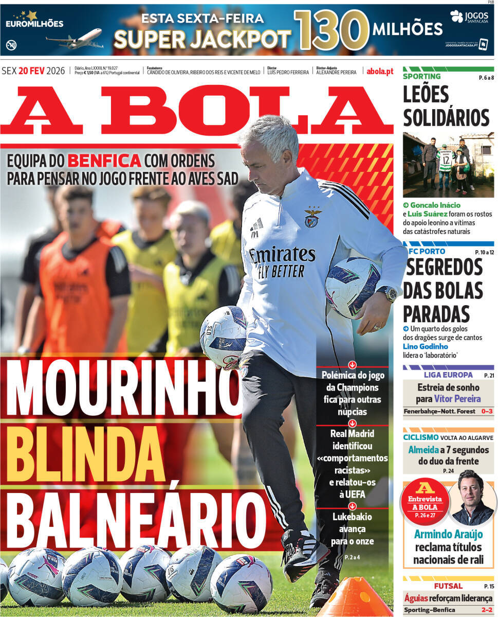 A Bola: Capa da Edi&ccedil;&atilde;o de sexta-feira, 20 de fevereiro 2026