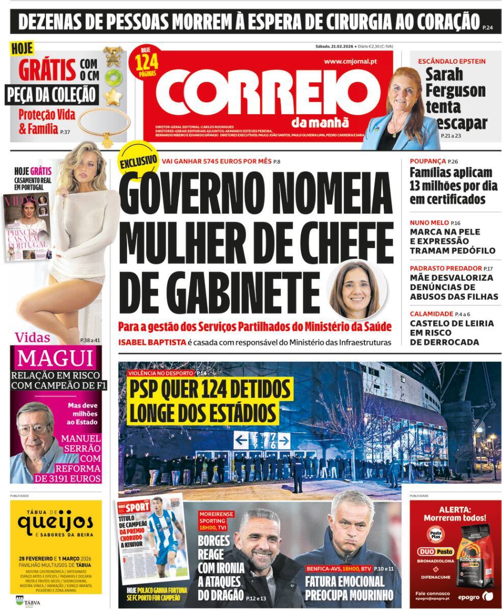 Correio da Manh&atilde;: Capa da Edi&ccedil;&atilde;o de s&aacute;bado, 21 de fevereiro 2026