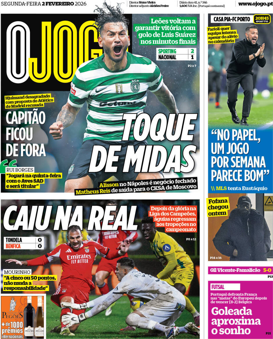 O Jogo: Capa da Edi&ccedil;&atilde;o de segunda-feira, 02 de fevereiro 2026