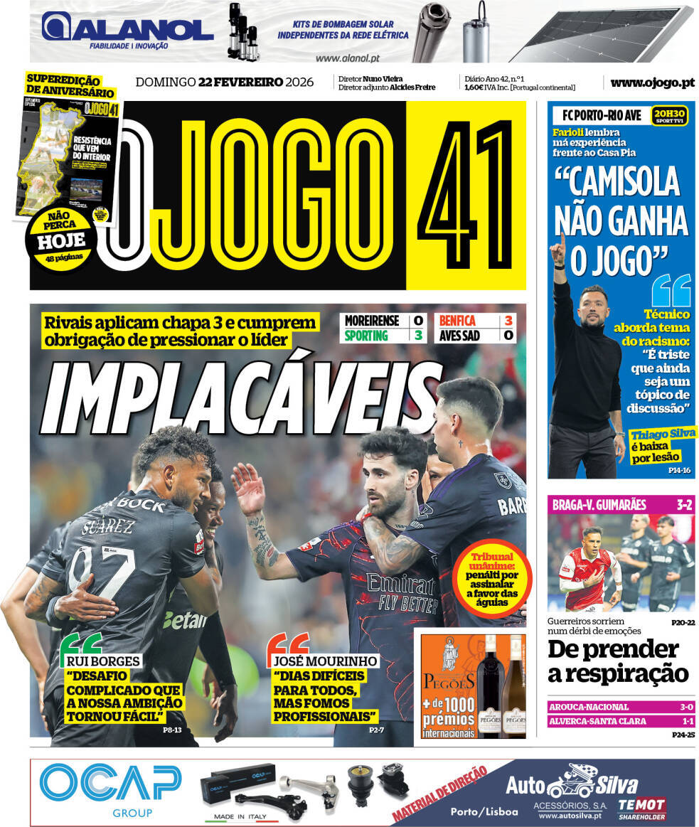 O Jogo: Capa da Edi&ccedil;&atilde;o de domingo, 22 de fevereiro 2026