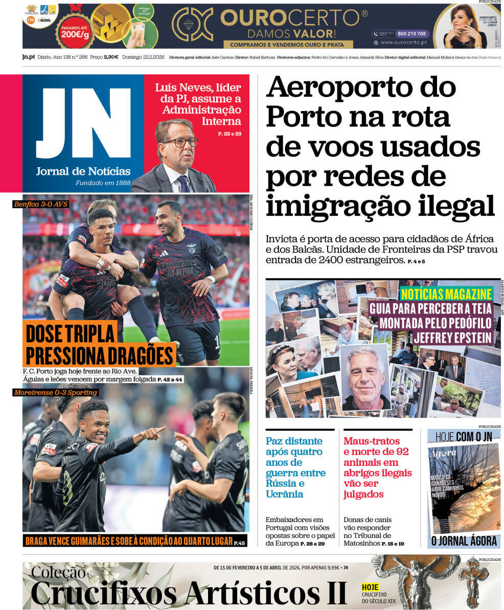 Jornal de Not&iacute;cias: Capa da Edi&ccedil;&atilde;o de domingo, 22 de fevereiro 2026