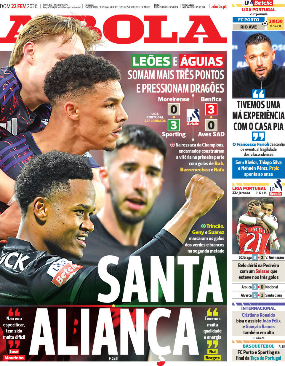 A Bola: Capa da Edi&ccedil;&atilde;o de domingo, 22 de fevereiro 2026