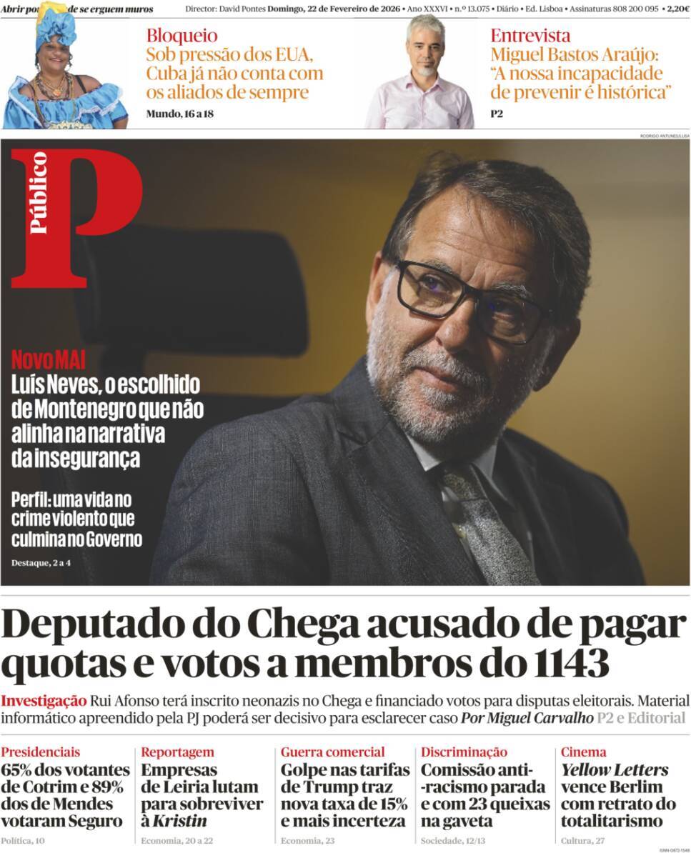 P&uacute;blico: Capa da Edi&ccedil;&atilde;o de domingo, 22 de fevereiro 2026