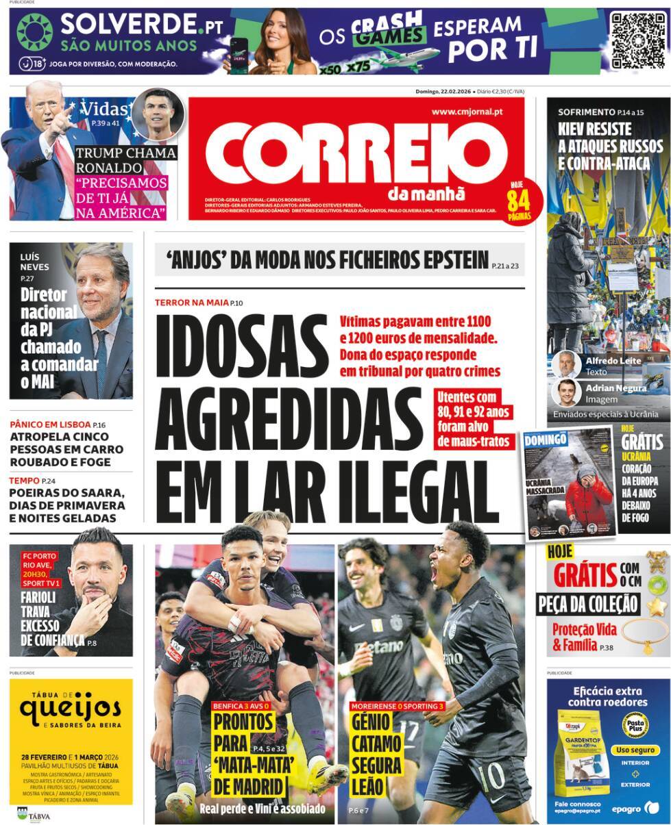 Correio da Manh&atilde;: Capa da Edi&ccedil;&atilde;o de domingo, 22 de fevereiro 2026