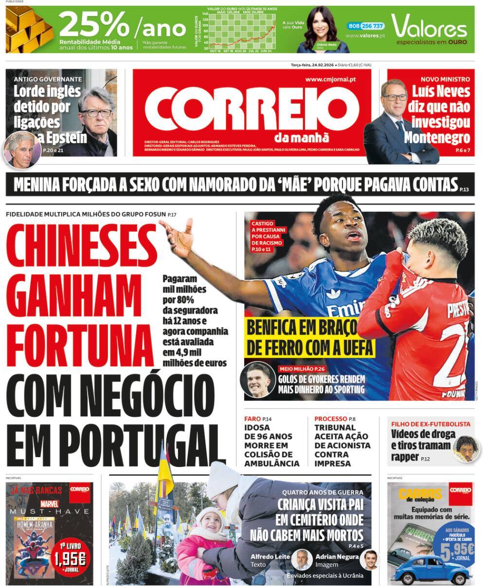 Correio da Manh&atilde;: Capa da Edi&ccedil;&atilde;o de ter&ccedil;a-feira, 24 de fevereiro 2026